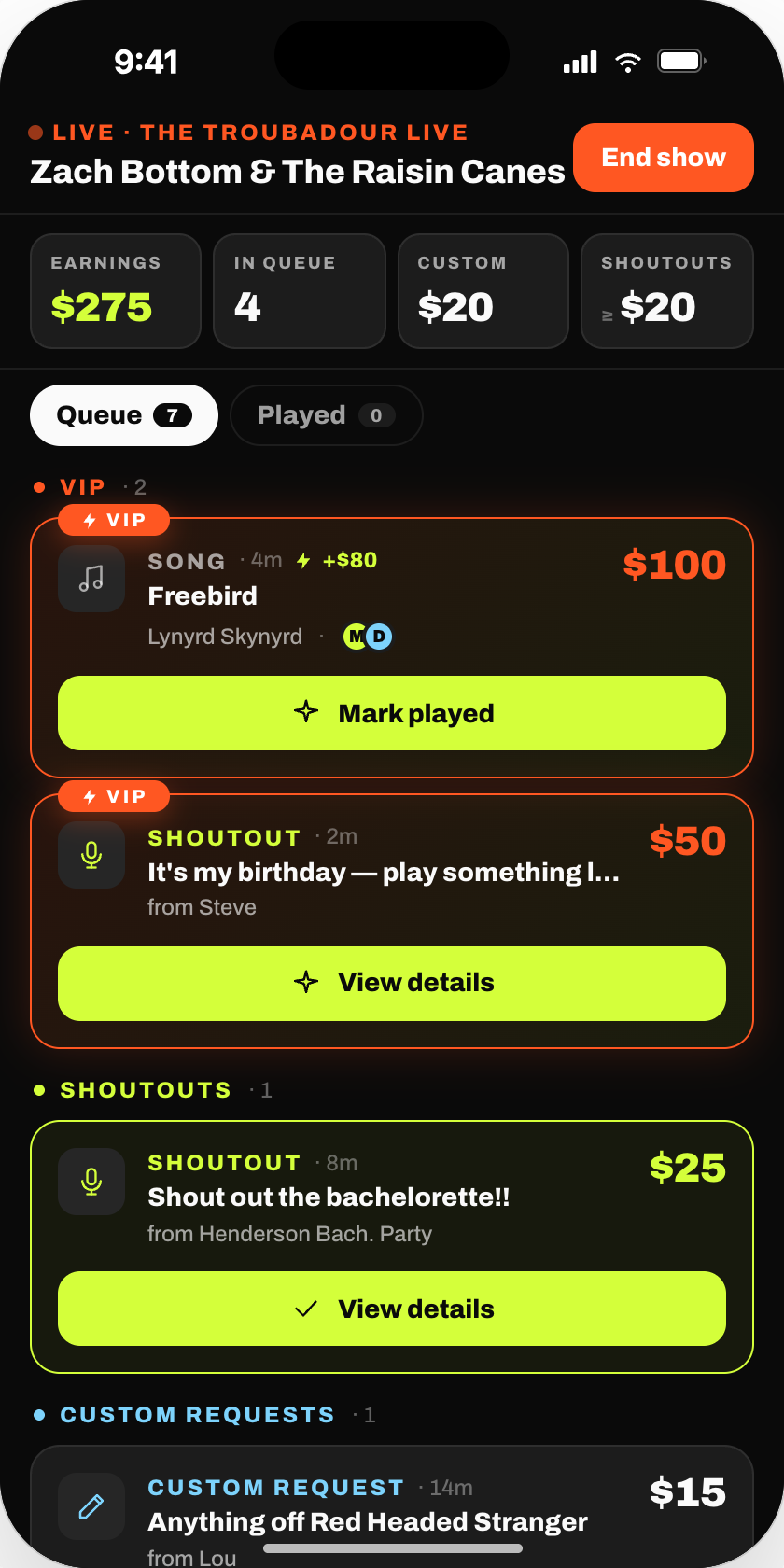 Artist view: $275 earned tonight, four in the queue, a boosted $100 Free Bird request marked VIP, a $50 birthday shoutout and a $25 bachelorette shoutout, each with a mark-played action.