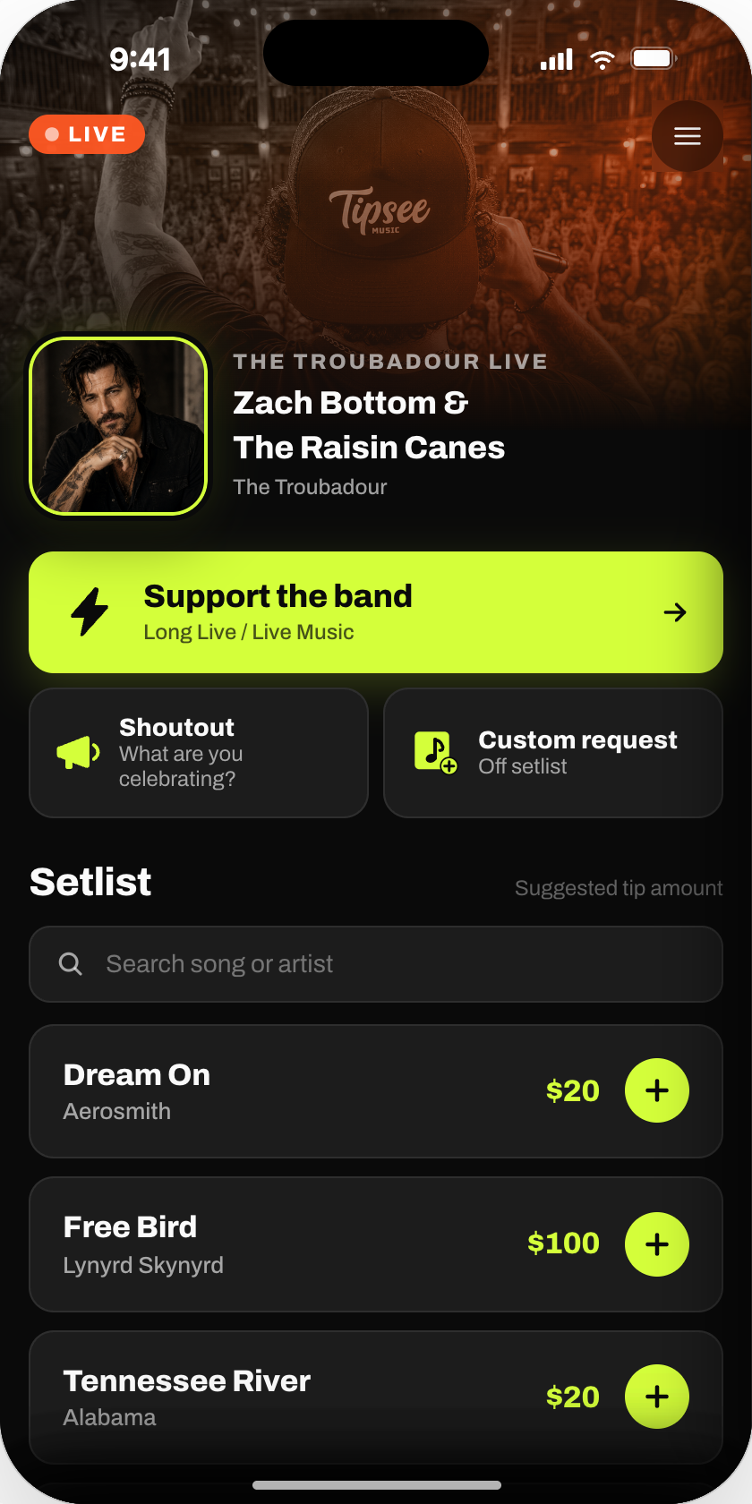 Fan view: the live setlist with a tip price beside each song — Dream On $20, Free Bird $100, Tennessee River $20 — plus shoutout and custom request.