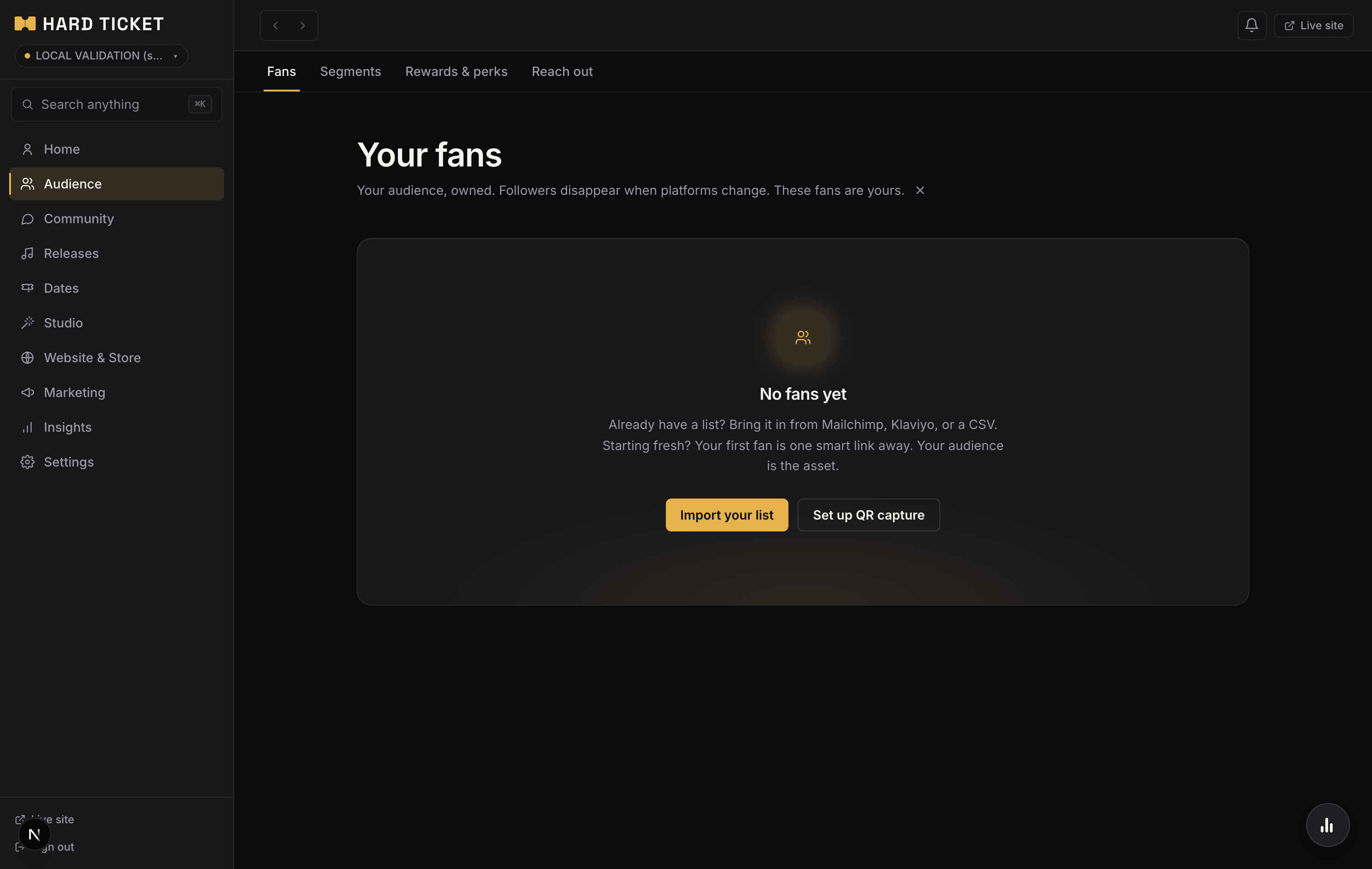 The Audience room: your fans, owned, with segments, rewards and reach-out tabs and QR capture setup.