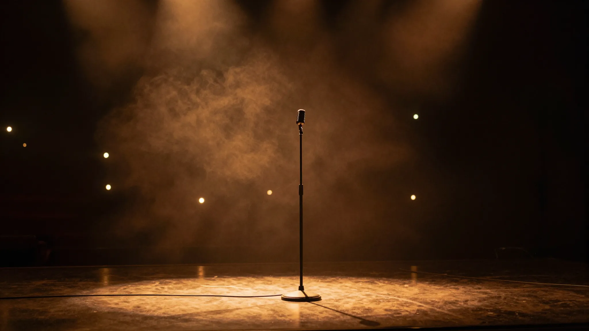 An empty stage in warm light, a single microphone on its stand, haze in the air.